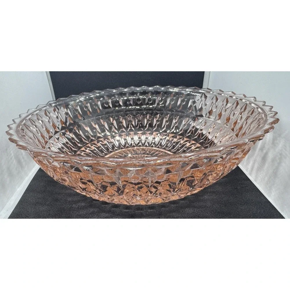 Jeannette Pink Depression Glass Serving Bowl Geometric Diamond Cut 8 5/8